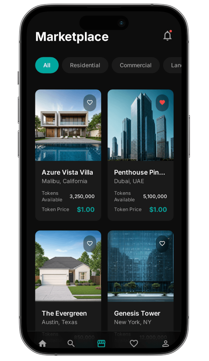 Marketplace screen (Schritt 1) with tabs and property cards